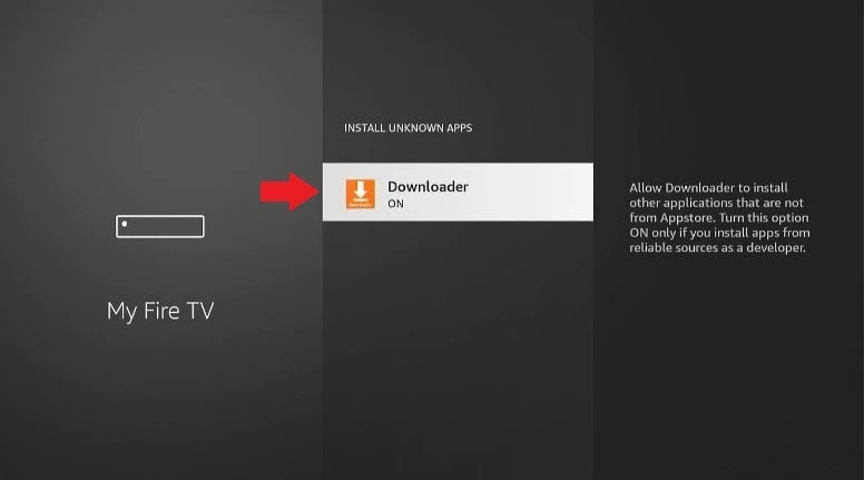 Granting Downloader app permission to install unknown apps in Fire TV settings