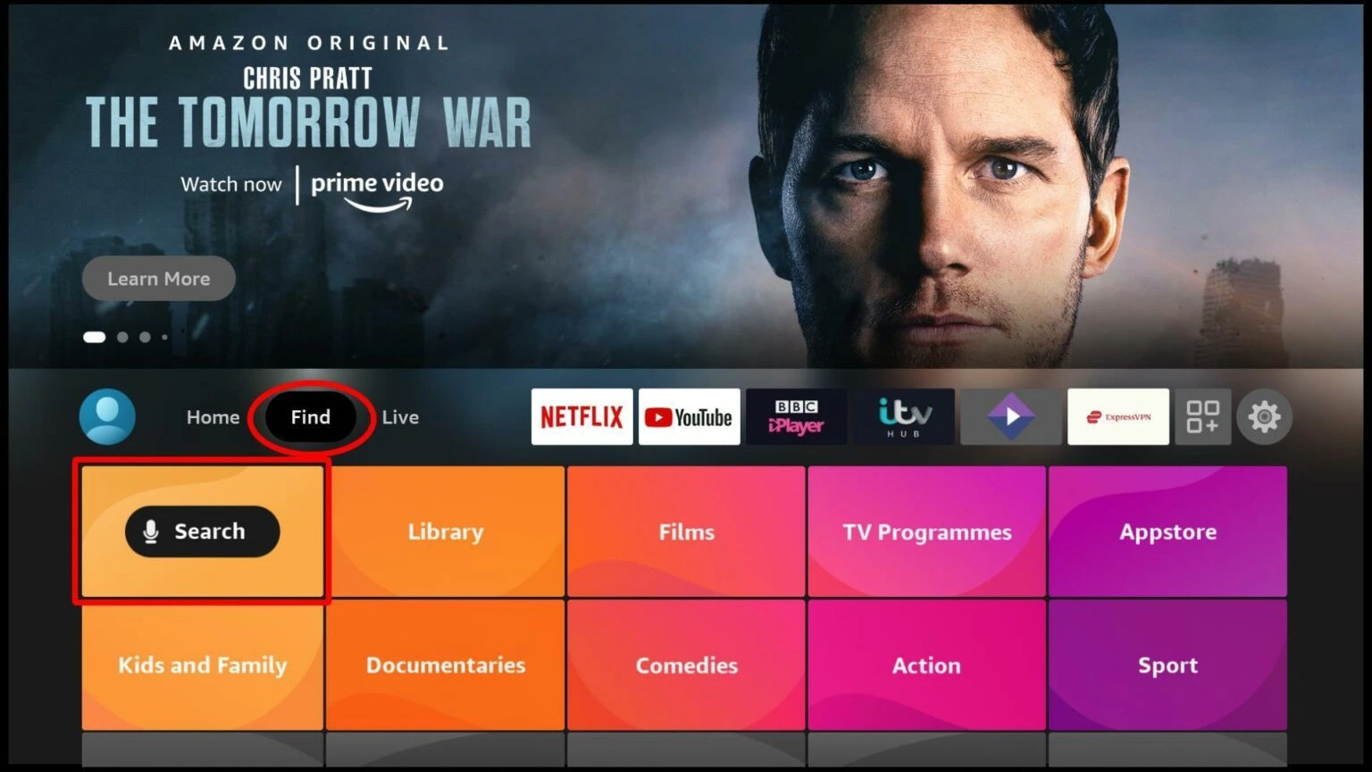 Firestick home screen highlighting the Find and Search options for installing apps