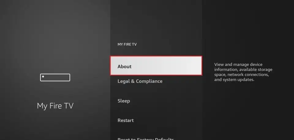 Selecting About in My Fire TV menu to reveal hidden developer settings