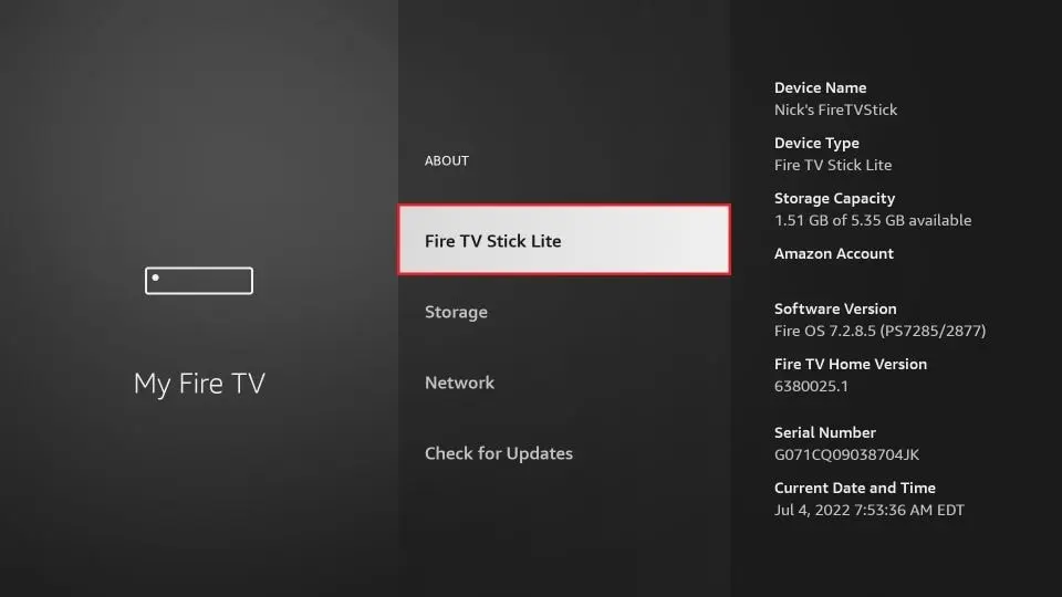Clicking the Fire TV Stick name seven times to unlock developer options