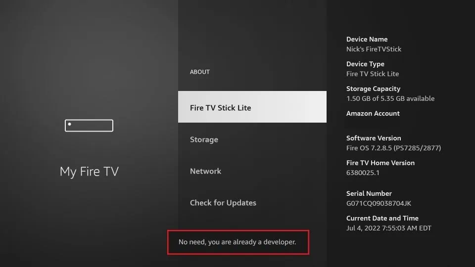 Confirmation message that Developer Options are enabled on Firestick