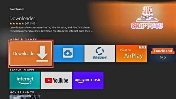 Selecting the Downloader app from Amazon Appstore search results on Firestick