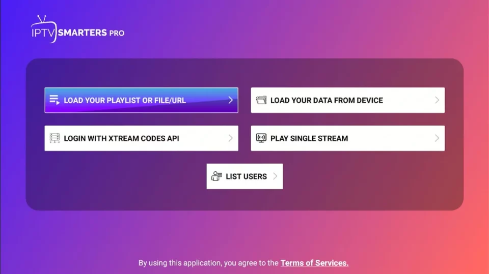 IPTV Smarters Pro add-user screen showing four available login methods