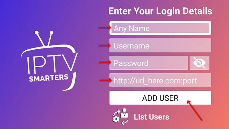 IPTV Smarters Pro login screen with playlist name, username, password and URL fields