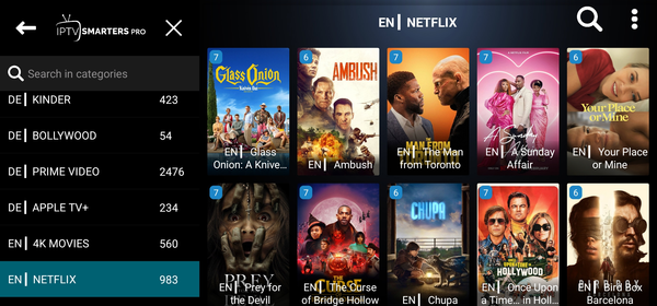 IPTV Smarters Pro Movies section showing available movie titles
