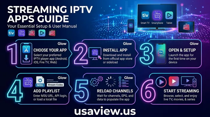 Smart TV and streaming app setup preview for USAView guides